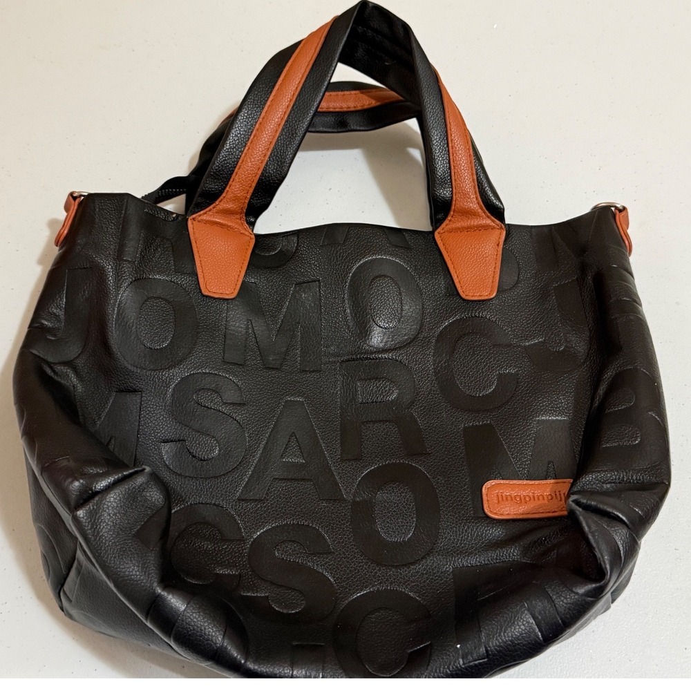 Jingpinpiju Black Embossed Letter Tote Bag Tan Trim Vegan Leather Handbag
